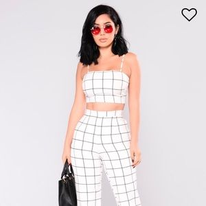 White plaid crop top and pants set